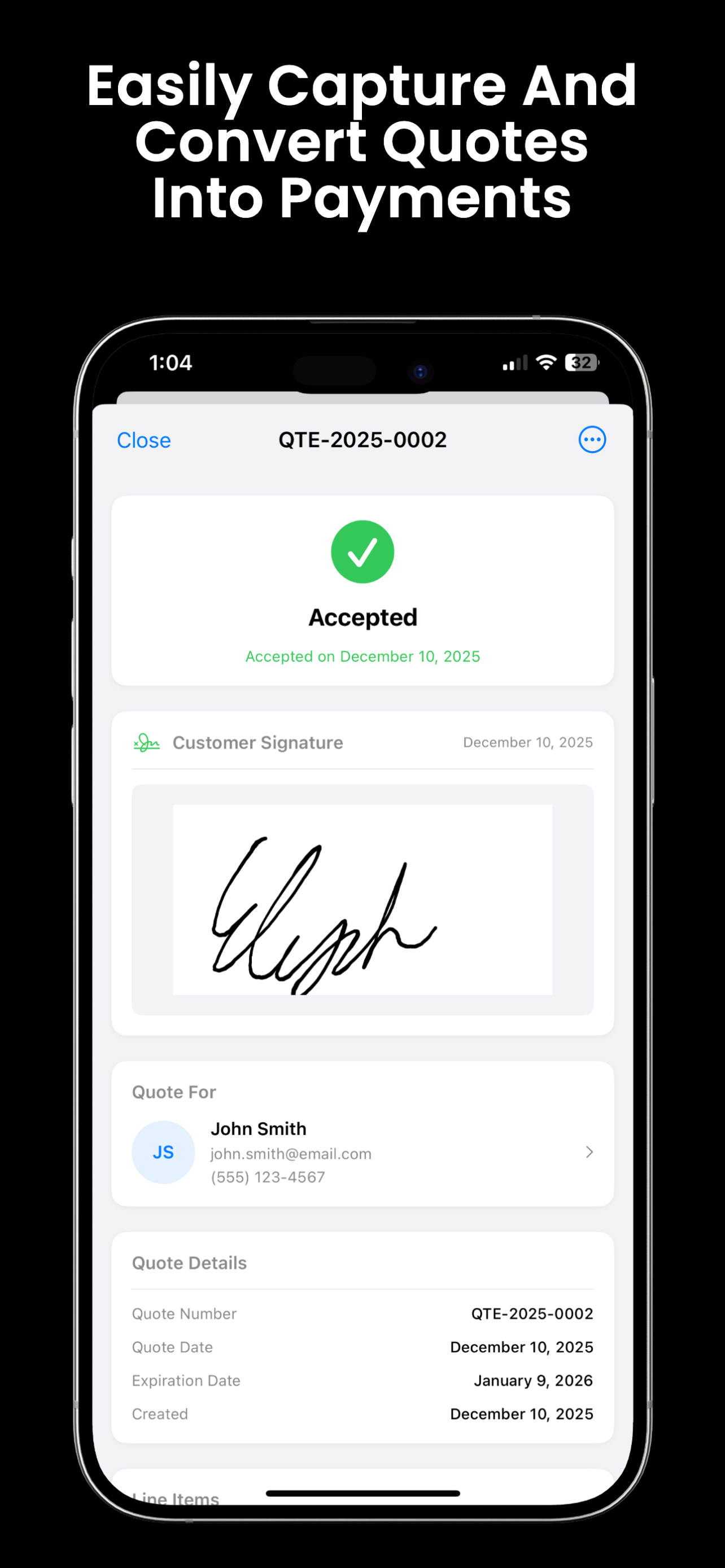 Digital signature capture on mobile mechanic work order app