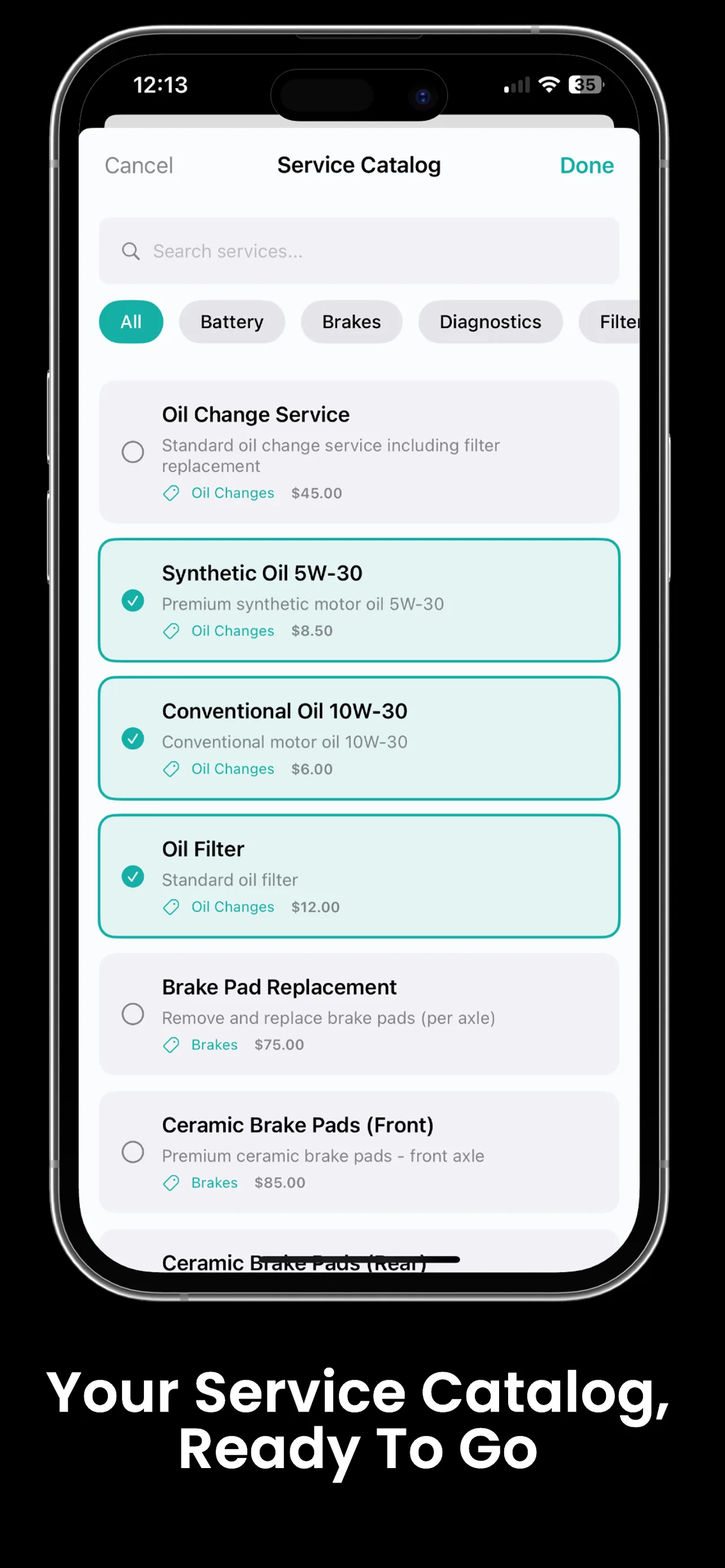Trackara Pro parts and inventory management screen showing stock levels, costs, and markup for a mobile mechanic