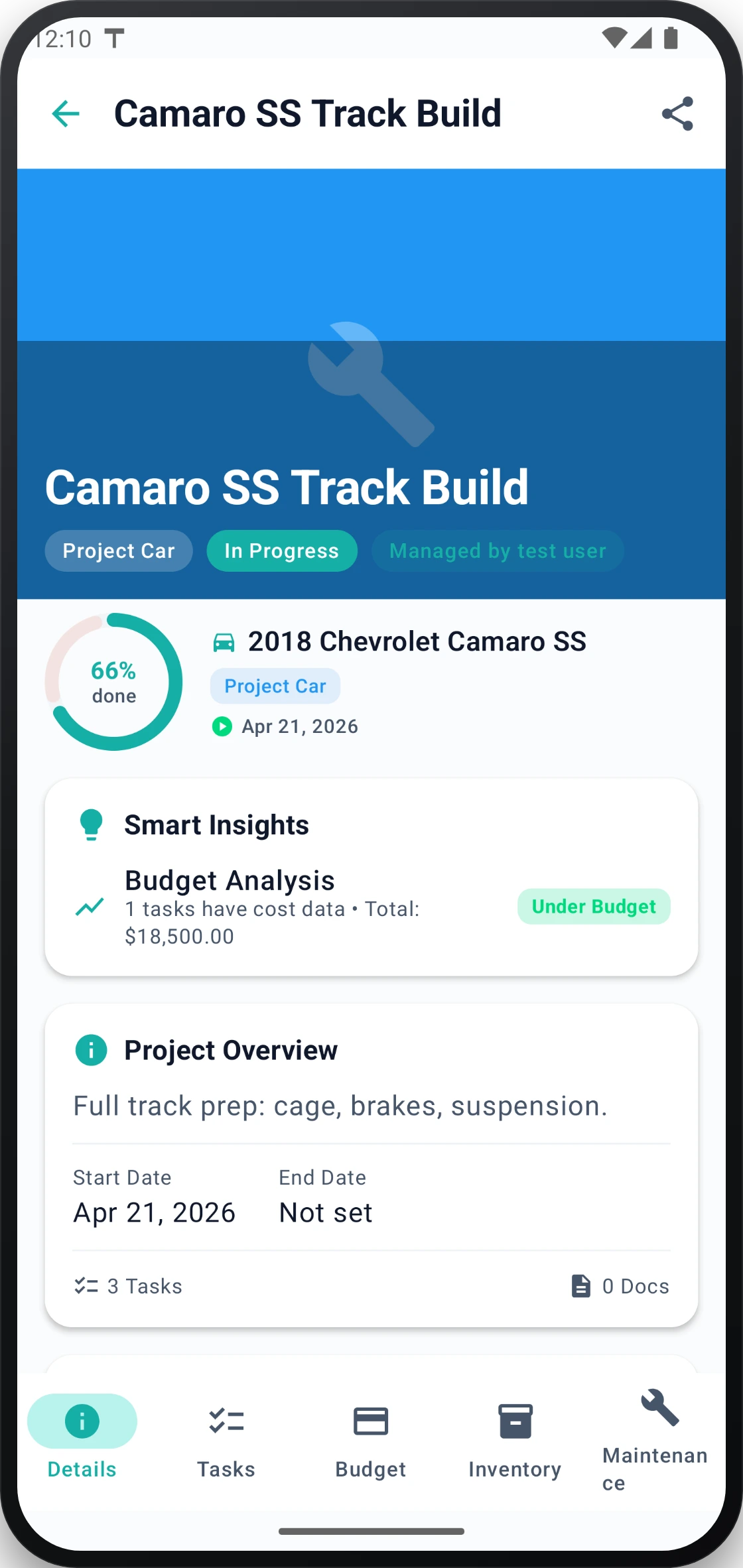 Trackara app showing a customer's real, live build project with budget and progress from their mobile mechanic