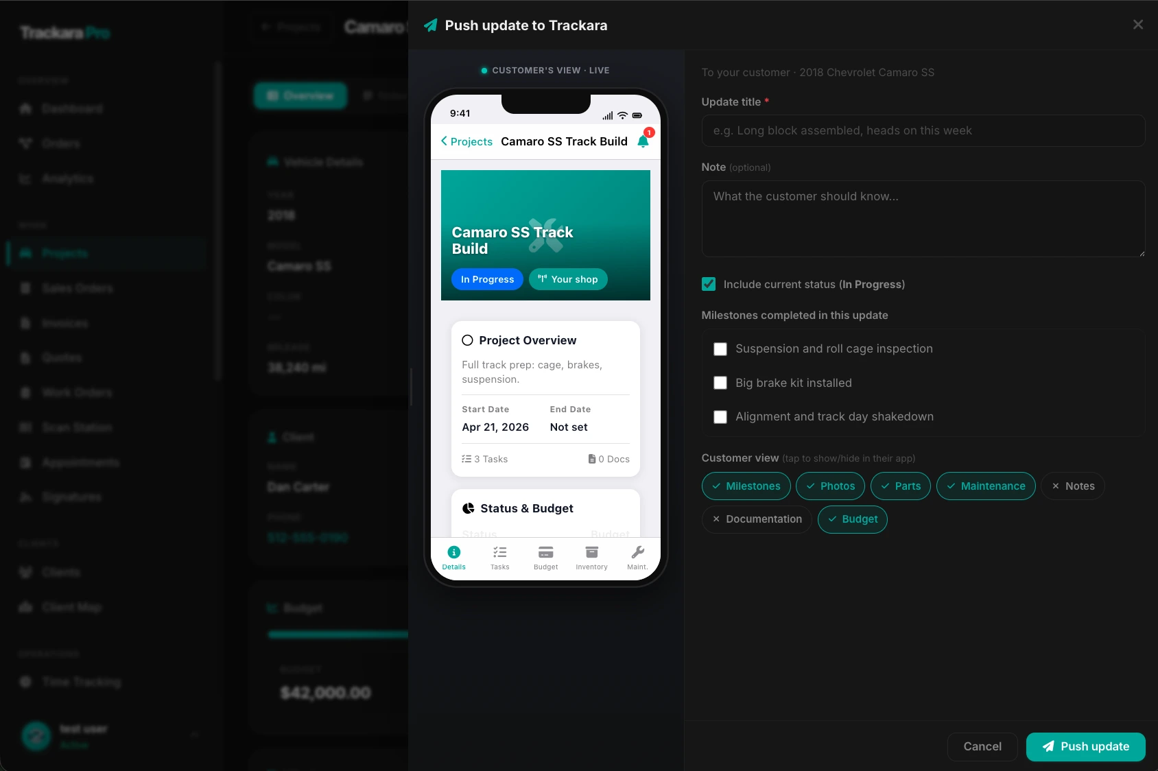 Trackara Pro shop portal composer pushing a live build update, with a real-time preview of exactly what the customer will see in their app