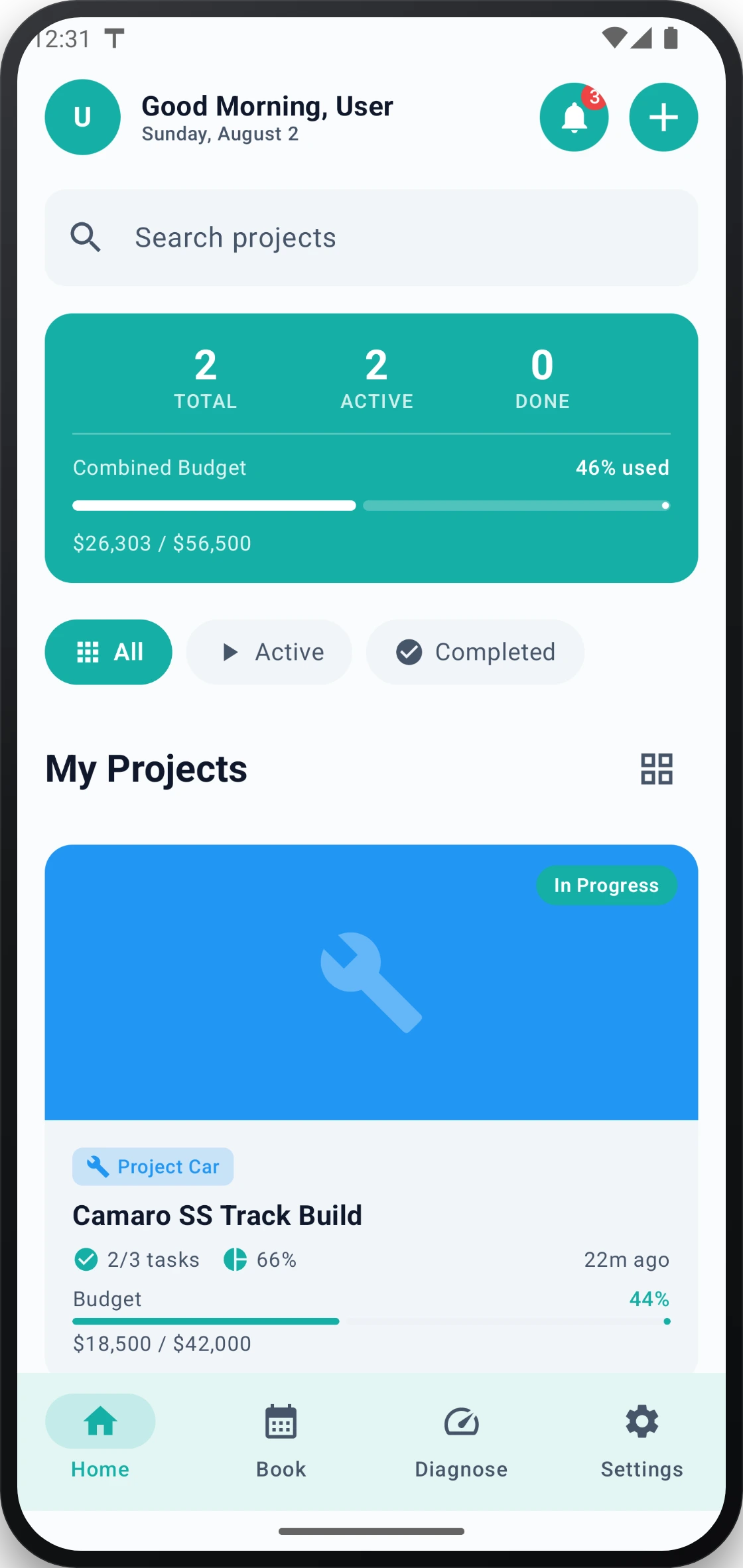A shop-linked build sitting alongside a customer's other projects on the Trackara app home screen