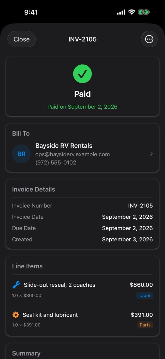 Trackara Pro on iPhone showing an invoice for a mobile mechanic job