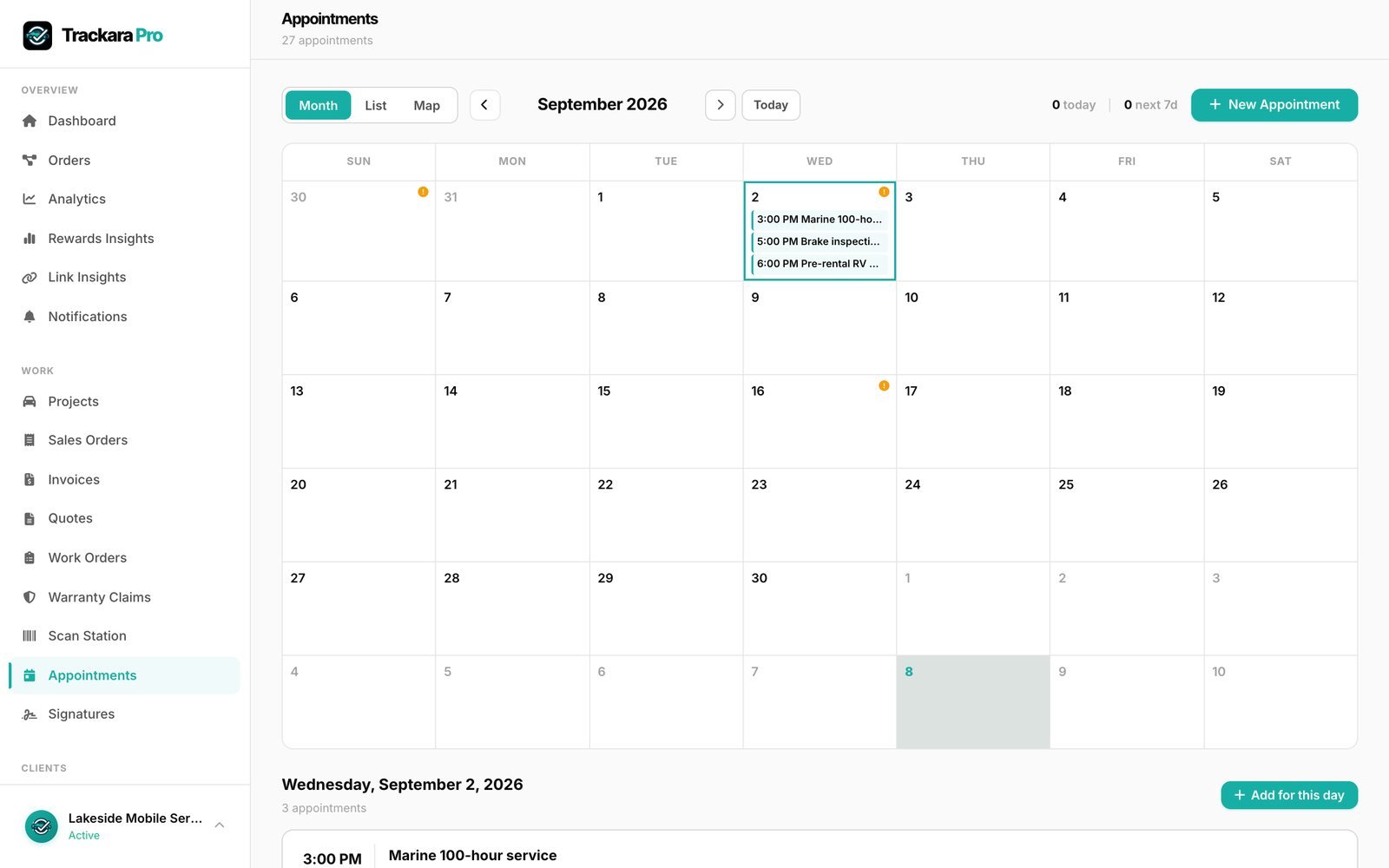 Trackara Pro web portal showing a mobile mechanic's job calendar