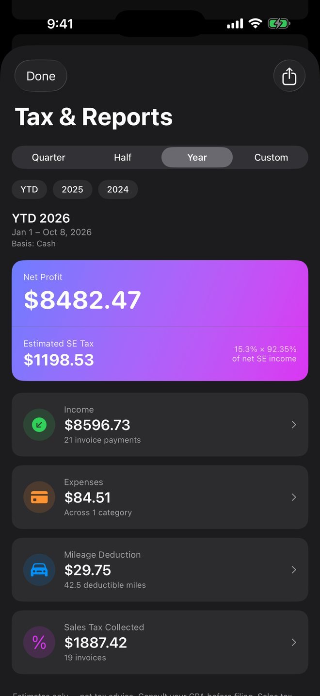 Trackara Pro on iPhone: Know Your Net Profit. Estimate Your SE Tax.