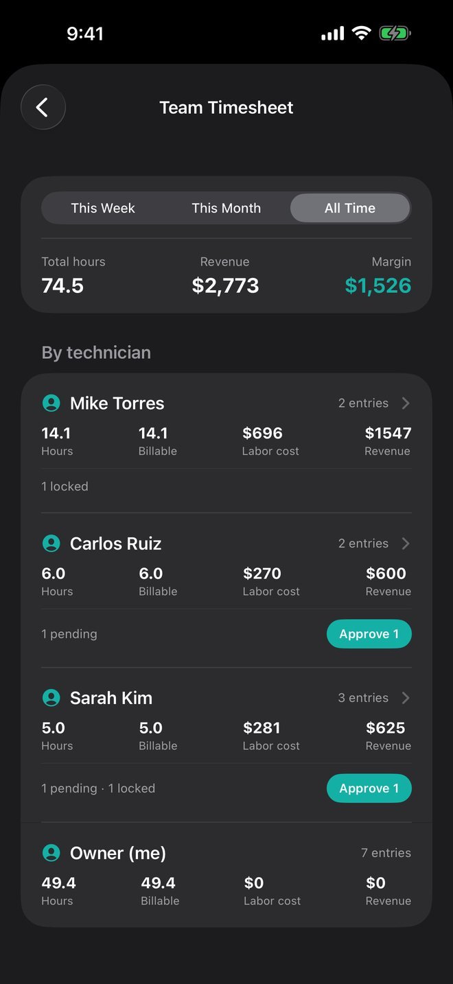 Trackara Pro on iPhone: Mechanic Time TrackingThat Bills Every Minute