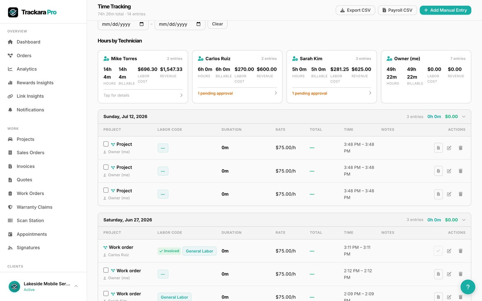 Trackara Pro web portal: Mechanic Time TrackingThat Bills Every Minute