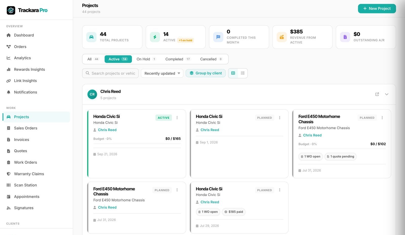 Projects in the Trackara Pro web portal