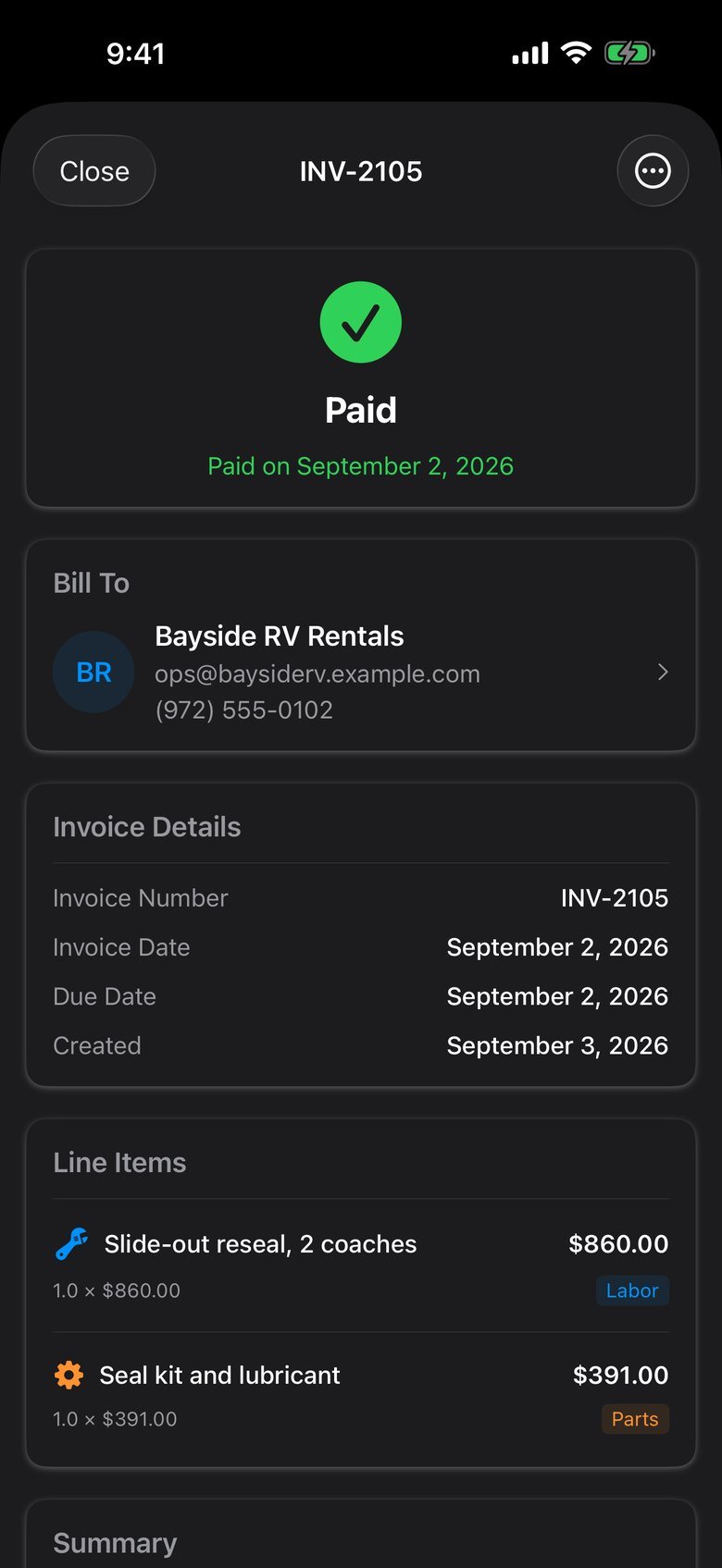 A paid invoice in Trackara Pro on iPhone