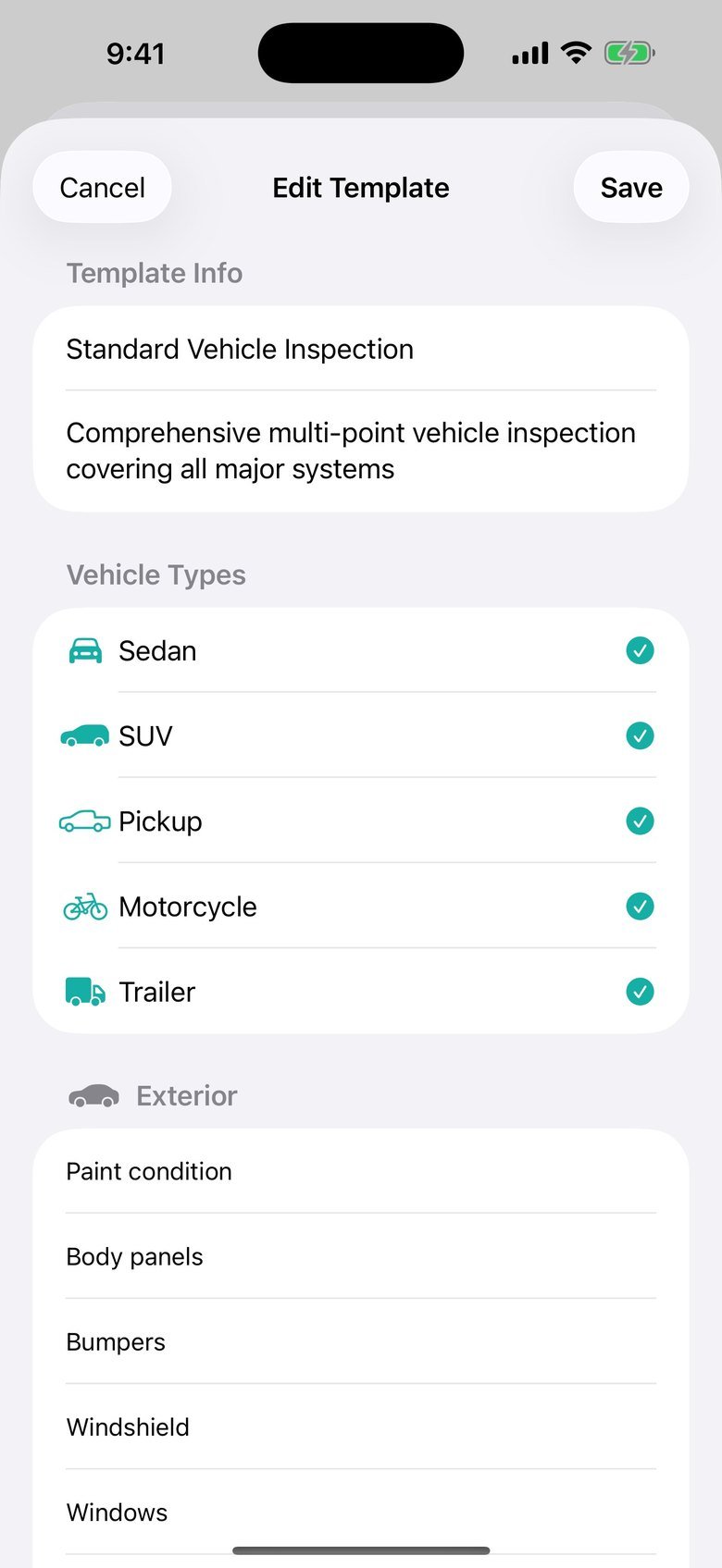 Trackara Pro inspection template on iPhone