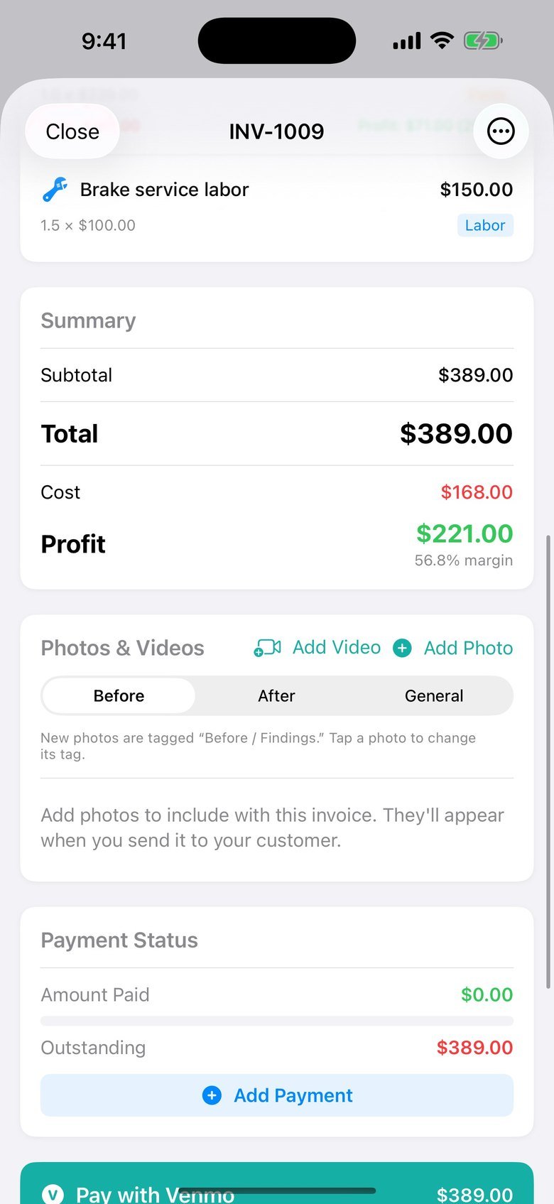 Trackara Pro invoice totals with profit on iPhone