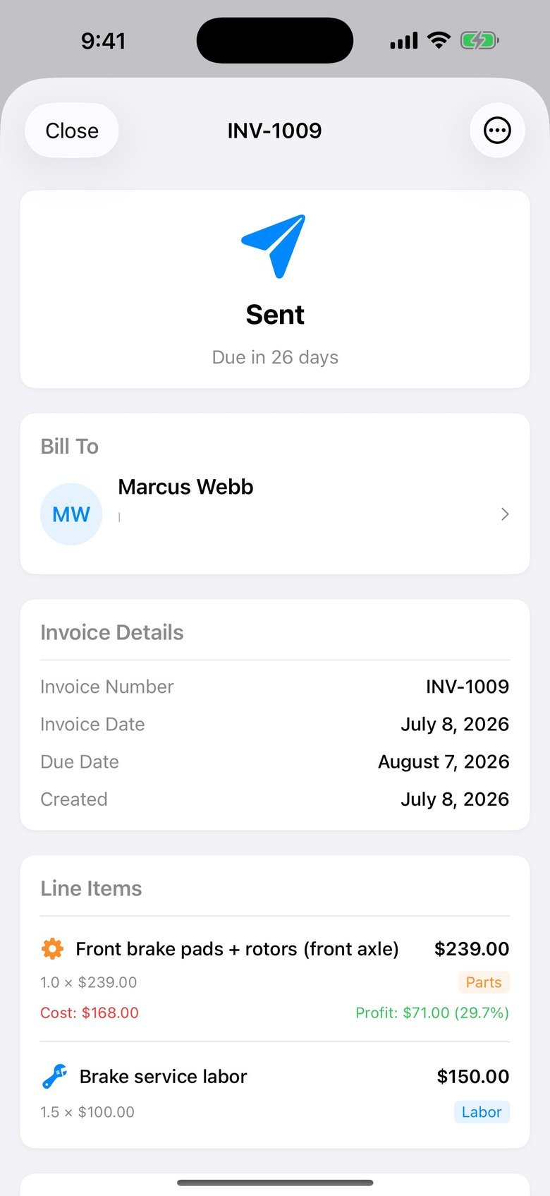 A sent invoice in Trackara Pro