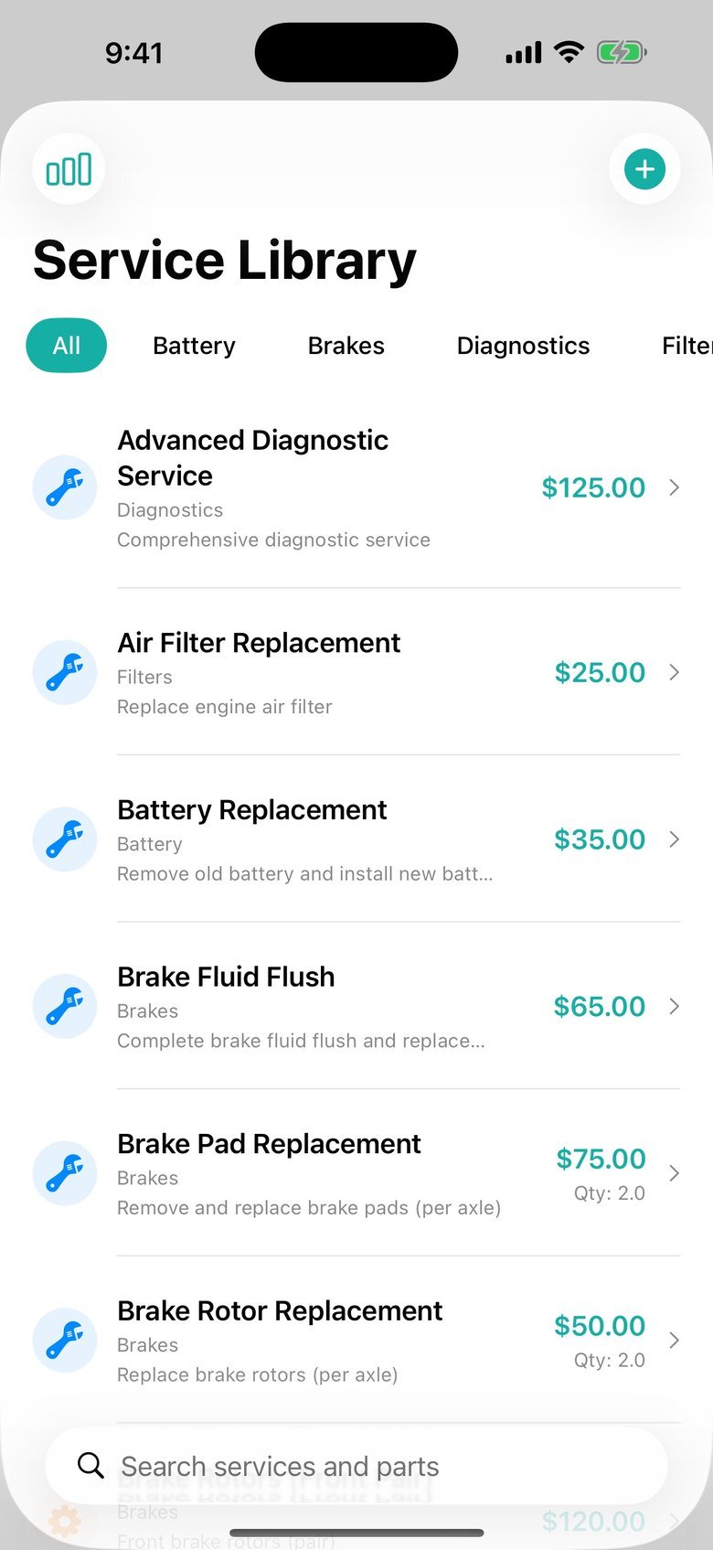 Trackara Pro service catalog on iPhone